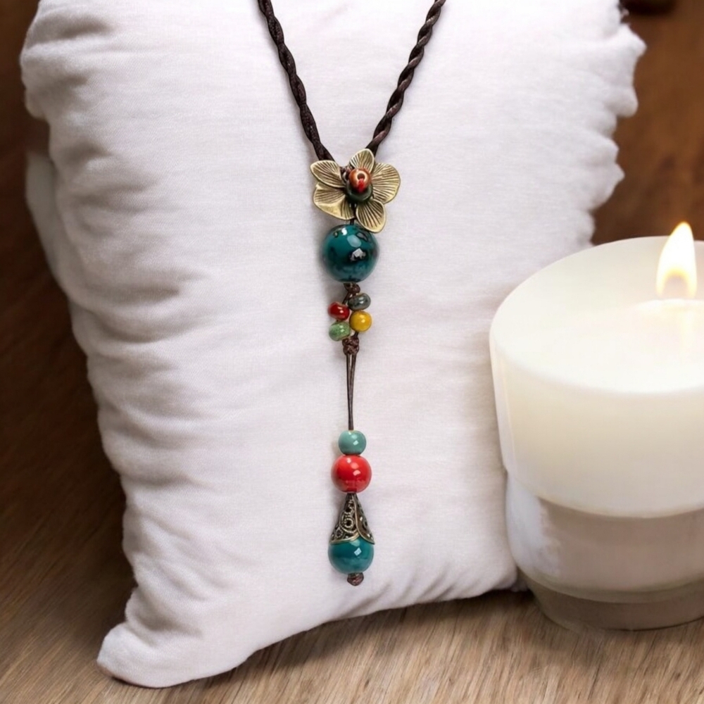Boho-Chic Handcrafted Ceramic‎ Bead Necklace Multi-Layer Pendant Vintage Style